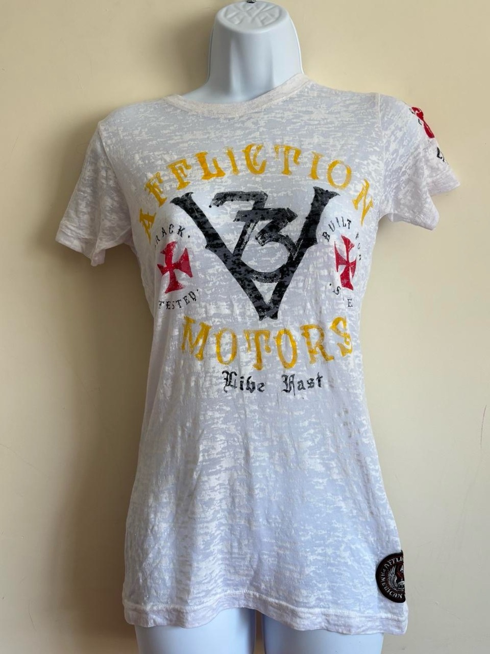 Affliction Motors Ride Fast Double-Sided Graphic White Crew Neck T-Shirt M